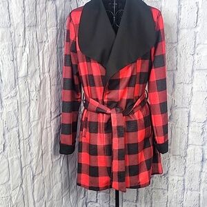 SHINESTAR Women's Red and Black Plaid Mid‎ Length Jacket Small